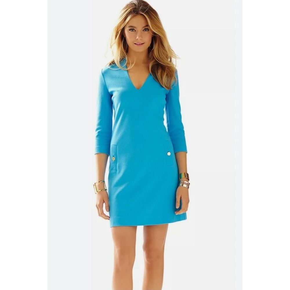 LILLY PULITZER CHARLENA SHIFT DRESS STRETCHY KNIT GOLD‎ BUTTONS ARIEL BLUE New